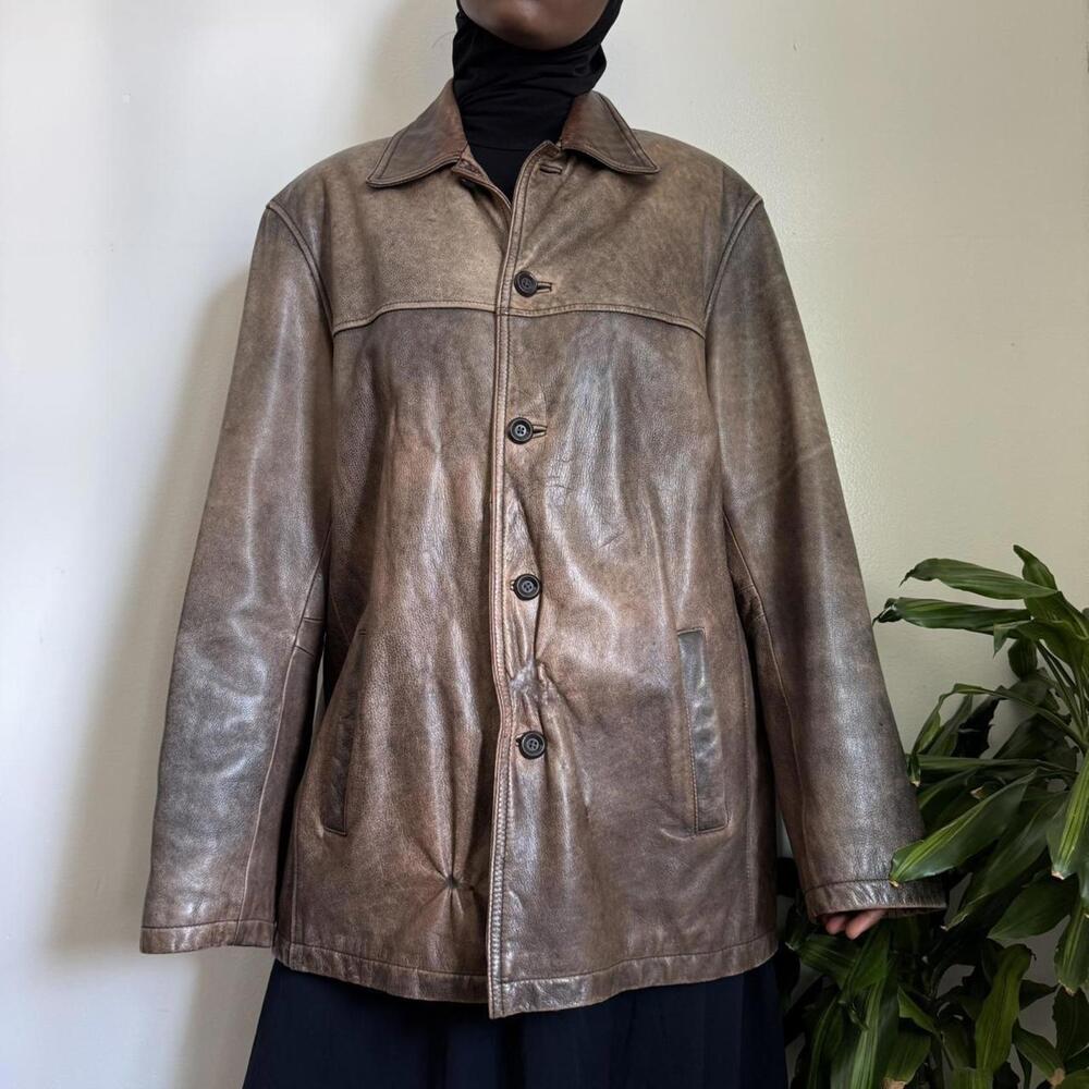 VINTAGE Distressed Earth Tone Leather Car Coat - Y2K Leather Limited Size LT - Picture 3 of 8
